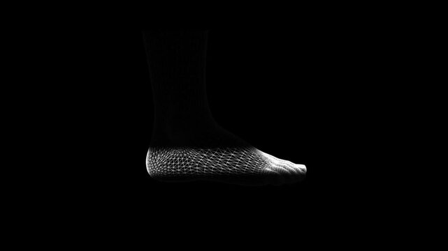 Holographic 3D wireframe render of human foot bones and ankle structure with dynamic vertical glowing laser line scan loop on dark background stock video
