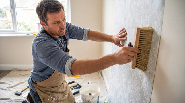 Focused man uses wallpaper smoothing brush to align paper sheet on wall during room repair. Male decorator performs interior wall papering and home improvement project indoors.