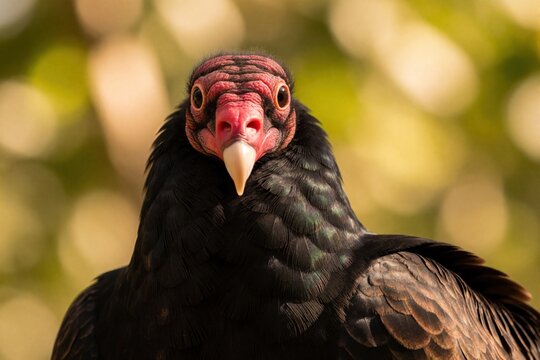 Close up portrait of Turkey Vulture looking at camera. Black scavenger bird with red featherless head, sharp beak. Wild animal head shot in nature with soft bokeh background. Avian predator species