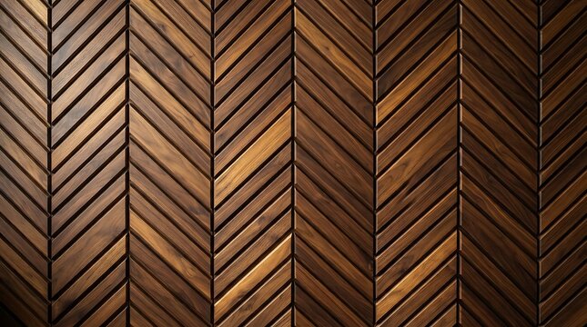 Detailed close up of a herringbone wood pattern with warm brown tones and natural grain