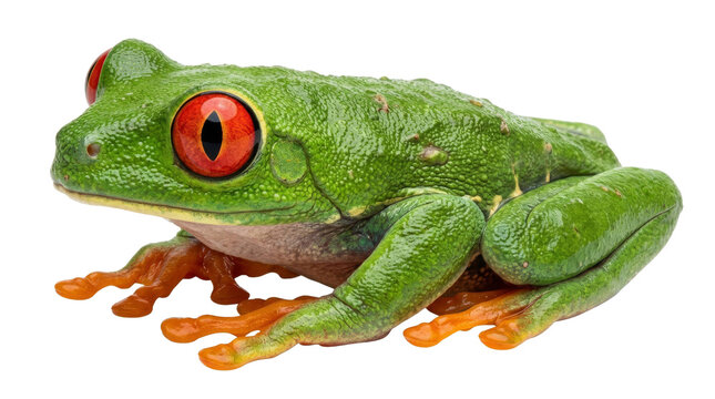 A vibrant red-eyed tree frog sitting in profile against a clean and isolated white background