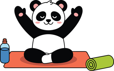 Cute cartoon panda bear character practicing yoga on a mat with a water bottle © Creative Prathona