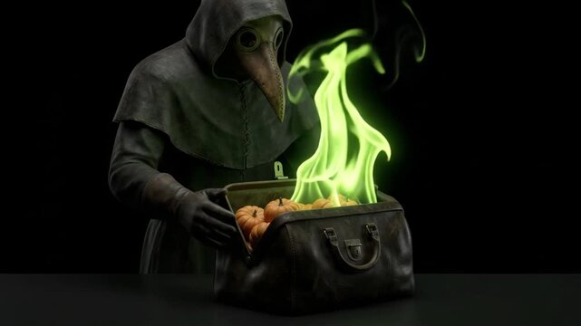 Spooky halloween plague doctor character holding a leather medical bag with glowing green magical fire and pumpkins on a dark background concept