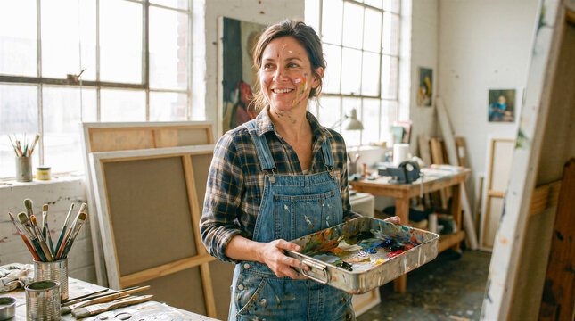 Smiling woman artist holds colorful paint palette inside bright art studio room. Happy creative painter works on canvas painting during fine art workshop and hobby activity indoors