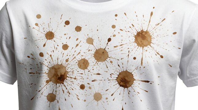 White cotton t-shirt with large brown coffee stains. Messy liquid spills create random splatter patterns on casual clothing. Dirty fabric shows messy accident with hot drink spots. Close up view of