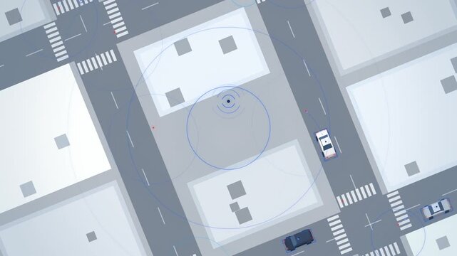 Blue top view V2X connected cars with signal rings seamless loop