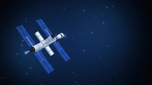 Blue 3D space station with a docking capsule approaching the port