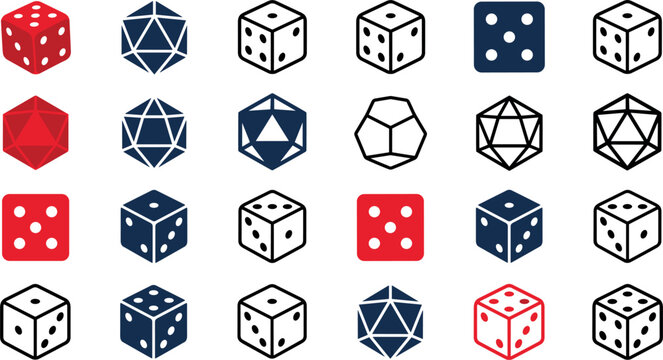 Board Game Dice and Polyhedral Gaming Dice Icons Vector Set Six-Sided Cube D6 Twenty-Sided D20 D12 Dodecahedron RPG Tabletop Role Playing Games Casino Gambling Red Blue