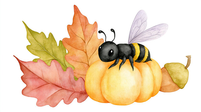 Black-and-yellow bee resting on pumpkin with autumn leaves
