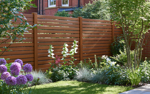 A contemporary garden with a horizontal fence panel made of composite material in warm teak tone, surrounded by lush plants.