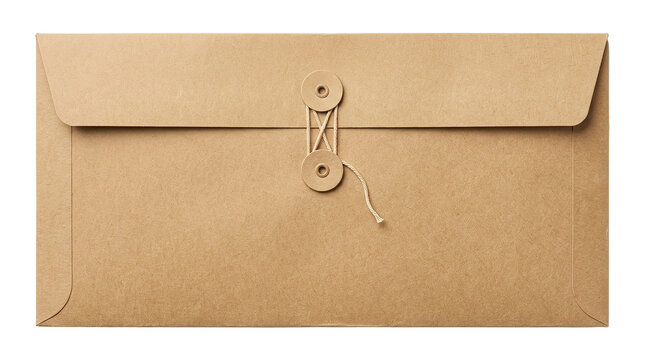 Brown paper envelope with string closure on white background
