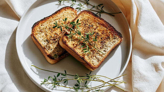 Two slices of toasted garlic bread on a white plate, garnished with fresh herbs, catching natural sunlight