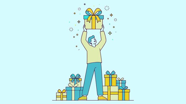 Man holding a gift box above his head surrounded by presents, celebrating a special occasion or holiday with joy and excitement