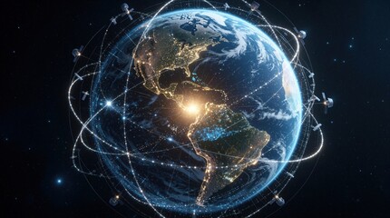 Fototapeta premium Earth planet surrounded by many glowing satellites in dark space. Global communication network connects continents with bright light lines, orbital paths. High tech space tech for internet, GPS, data