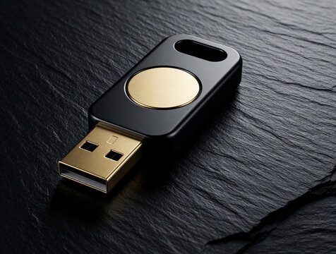 Black, gold USB security key lies on dark stone surface. FIDO2 hardware token provides passwordless authentication for digital accounts. Secure physical device protects identity, prevents phishing