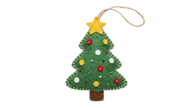 Handmade felt christmas tree ornament with star and colorful embellishments