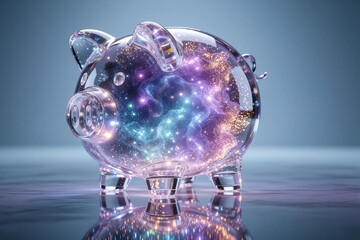 Fototapeta premium Futuristic glass piggy bank filled with glowing cosmic particles, nebula lights. Digital money box shows sparkling galaxy inside. Abstract concept of wealth investment, financial technology, crypto