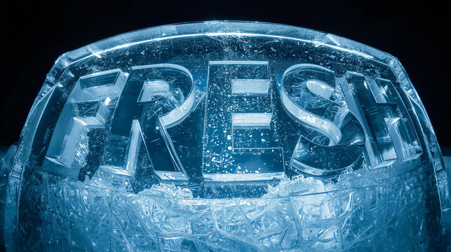 A glowing ice sculpture carved with the word "FRESH" in large block letters, illuminated in blue against a dark background. 
