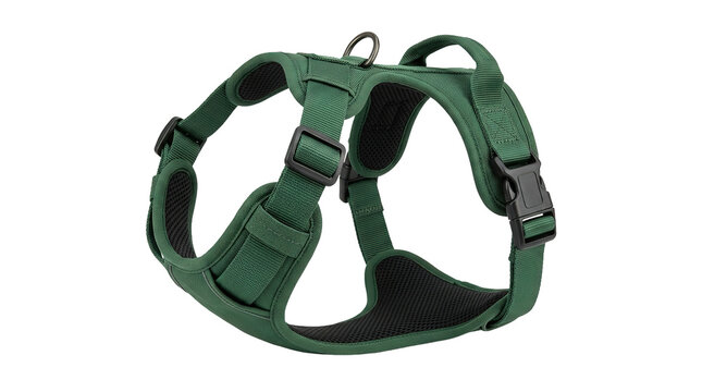 Durable green dog harness with adjustable straps and buckle