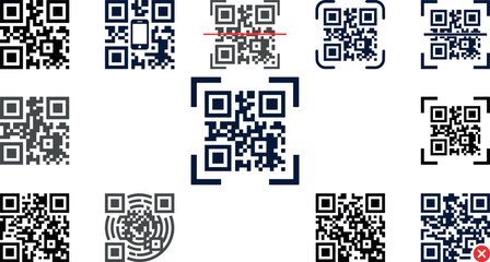Fototapeta premium QR Code and Barcode Scanner Icons Vector Set Quick Response Code with Mobile Smartphone Red Laser Scan Line Viewfinder Frame Target Circular Maze Pattern and Scan Error Warning