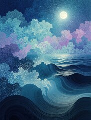 Fototapeta premium Abstract moonlit ocean waves under night sky with fluffy clouds. Blue, purple seascape illustration features textured water ripples, bright full moon. Dreamy maritime landscape with stipple art style