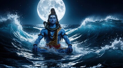 Fototapeta premium Blue skin deity Lord Shiva meditates in middle of ocean waves under large full moon. Mystic god sits in lotus pose amidst sea spray, dark night sky. Spiritual energy flows through calm water during