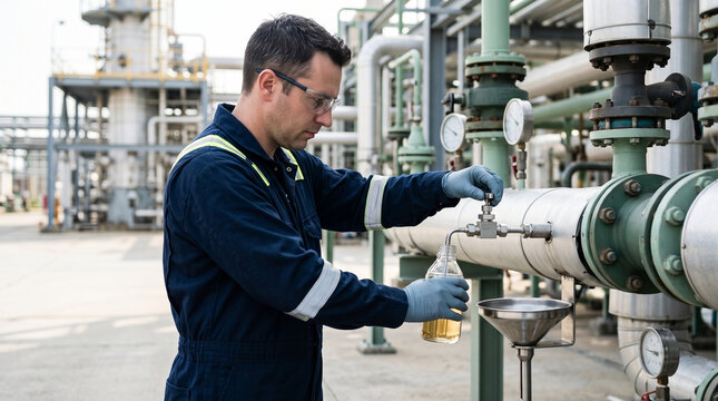 Focused worker collecting pet chemical sample in refinery plant feeling diligent and concentrated while performing quality control inspection