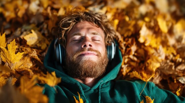A serene scene of a man lying in a bed of autumn leaves, embodying relaxation and peace while enjoying the soothing sounds of nature through his headphones.