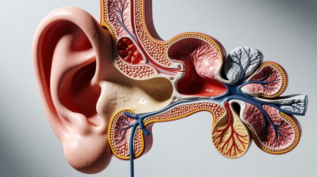 Detailed 3D cross section model of human ear anatomy. Illustration shows internal structure including cochlea, auditory canal, middle ear parts. Medical diagram displays ear organ components for