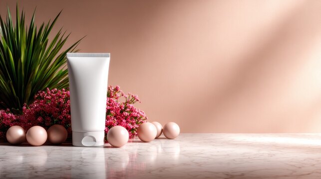 This image features a sleek white tube of skincare product surrounded by vibrant flowers and smooth spheres, creating a serene and fresh atmosphere of beauty.