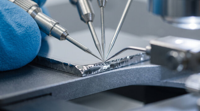 Inspecting silicon die probe station electronics wafer microchip circuit semiconductor test focus meticulous precision technology analysis
