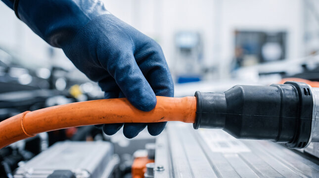 Worker handling high voltage electric cable and charging connector focused with diligent professional emotion for energy sustainability