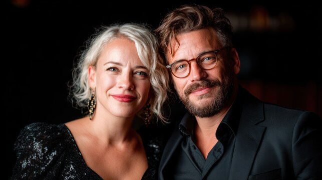 A stylish couple dressed elegantly for an event, captured in a loving pose, exuding confidence and charm, showcasing contemporary fashion and emotional connection.