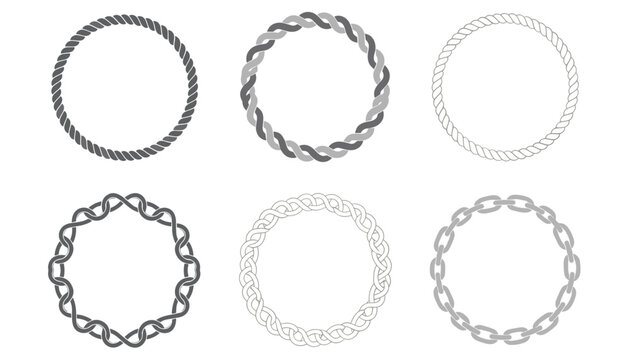Six monochrome circular rope and metal chain frames display intricate twisted and braided textures.