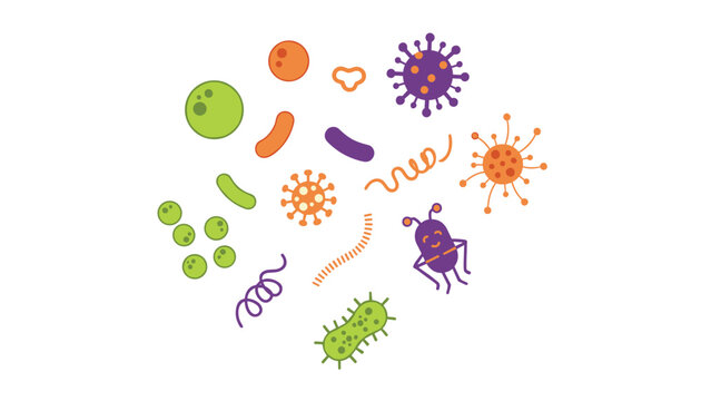 Colorful collection of flat vector bacteria viruses and microbes illustrating various pathogens.