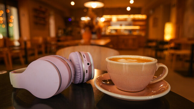 A warm cup of latte with latte art sits beside wireless headphones on a cafe table at night