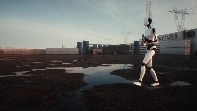 An armed humanoid robot walks outdoors in front of a modern data center building, depicting a fictional robot uprising, artificial intelligence threat, autonomous machines and a dystopian future.