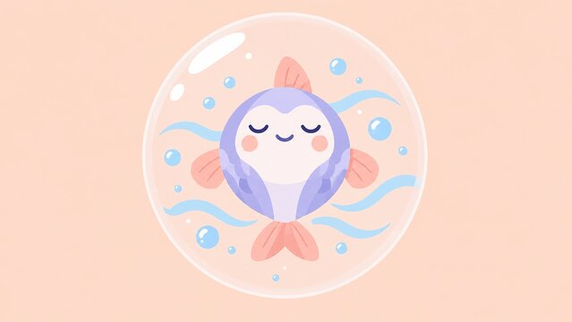 Round fish meditating with closed eyes inside a floating bubble in a minimal mental wellness concept
