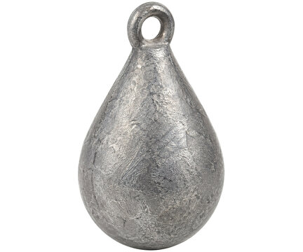 Heavy teardrop-shaped metal fishing weight isolated on white background