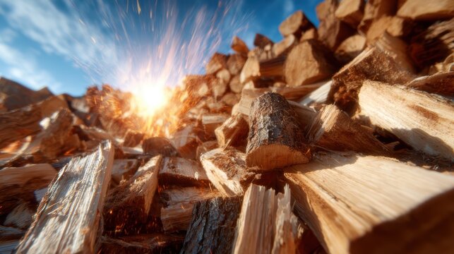 An artistic view of a neat pile of firewood, with sunlight sparkling through, portraying simplicity and warmth that firewood brings to any home during cold seasons.