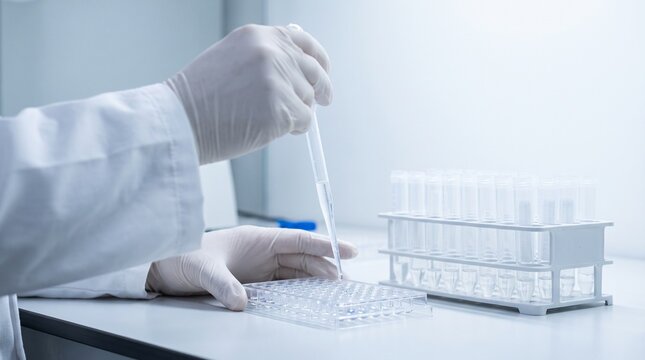 Laboratory technician pressing a pipette to release tiny drops into a tray of small wells beside a rack of clear tubes