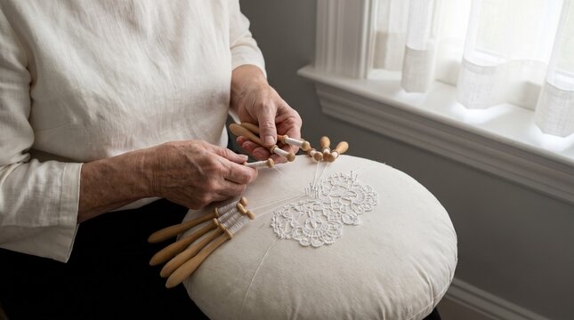 Lacemaker lifting and crossing wooden bobbins over a round pillow pinned with fine white thread on a window seat