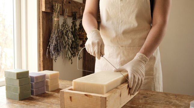 Soap maker drawing a thin wire down through a block of pale handmade soap to cut an even slice in a bright workroom
