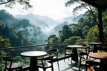 Fototapeta premium Outdoor cafe patio with wooden tables, chairs on balcony. View of misty green forest mountains, tropical jungle landscape. Peaceful restaurant terrace overlooking foggy valley during bright daylight.