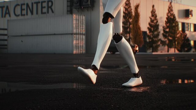 An armed humanoid robot walks outdoors in front of a modern data center building, depicting a fictional robot uprising, artificial intelligence threat, autonomous machines and a dystopian future.