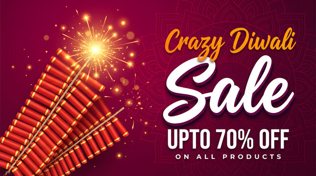 Crazy Diwali sale banner with burning firecracker bundle and sparkler on maroon mandala background for shopping offer