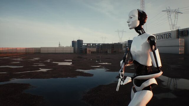 An armed humanoid robot walks outdoors in front of a modern data center building, depicting a fictional robot uprising, artificial intelligence threat, autonomous machines and a dystopian future.