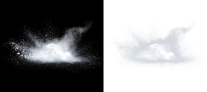 Snow comet effect featuring frozen snow particles, a motion trail, and negative space against a black background. Frozen icy snow clump with motion streak and copy space.
