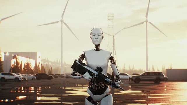 An armed humanoid robot walks outdoors in front of a modern data center building, depicting a fictional robot uprising, artificial intelligence threat, autonomous machines and a dystopian future.