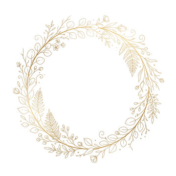 Golden floral wreath PNG illustration featuring an elegant botanical frame with gold leaves branches and flowers isolated on a white background.